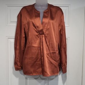 BLOUSE: VNeck Satin Rust/Orange Blouse Long Sleeve